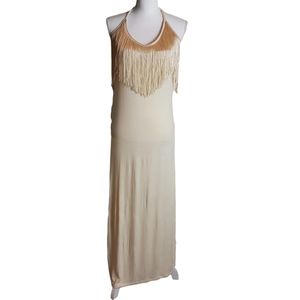 Christina Love Fringe Maxi Dress Size M Halter Tie Semi-Sheer Slinky Boho Trendy